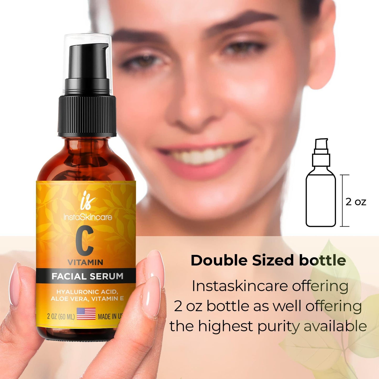 DOUBLE SIZED (2Oz) Vitamin C Serum for Face with Hyaluronic Acid and